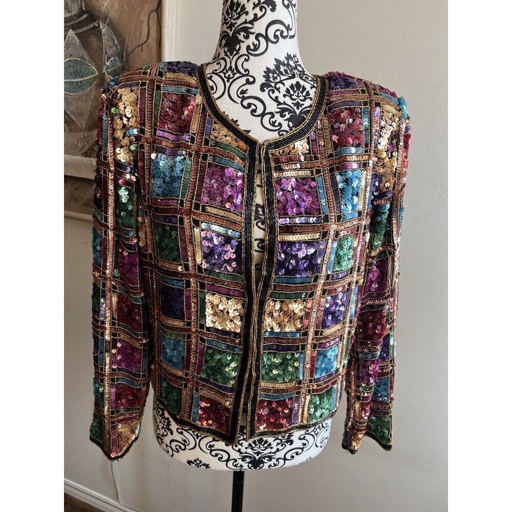 LAWRENCE KAGER SILK Rainbow Sequins 1980s Evening Jacket PL - Picture 2 of 13